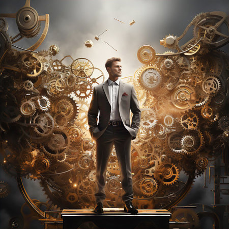 Attractive businessman with lots of gears at background. Creative and thinking process in Businessman. Mind ability.の素材