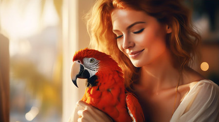 Attractive woman with her pet Parrot birdの素材