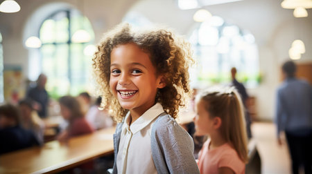 Portrait of adorable school children smiling to camera at classroomの素材