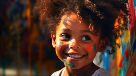 Portrait of adorable African little girl, lean against of wall with paintings. Street art, little artist concept.の素材