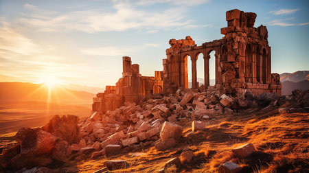 Beautiful ruins of ancient temples in Jordan desert. Temples with columns at sunset, travel and history conceptの素材