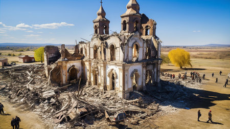 War in Ukraine, burned, destroyed cathedral, people stay on ruins of chirch.の素材