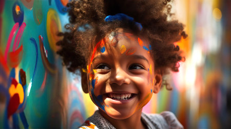 Portrait of adorable African little girl, lean against of wall with paintings. Street art, little artist concept.の素材