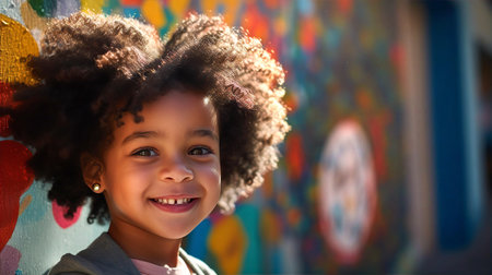 Portrait of adorable African little girl, lean against of wall with paintings. Street art, little artist concept.の素材