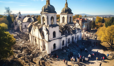 War in Ukraine, burned, destroyed cathedral, people stay on ruins of chirch.の素材