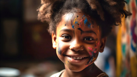 Portrait of adorable African little girl, lean against of wall with paintings. Street art, little artist concept.の素材