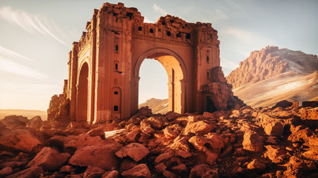 Beautiful ruins of ancient temples in Jordan desert. Temples with columns at sunset, travel and history conceptの素材