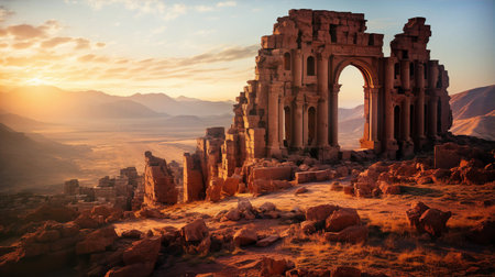 Beautiful ruins of ancient temples in Jordan desert. Temples with columns at sunset, travel and history conceptの素材