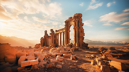 Beautiful ruins of ancient temples in Jordan desert. Temples with columns at sunset, travel and history conceptの素材