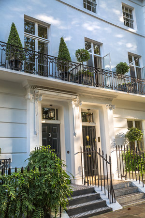 London, UK - 9 September, 2023: Beautiful house entrance of  periodic building in Chelsea, one of the richest areas to live with fancy lifestyleのeditorial素材