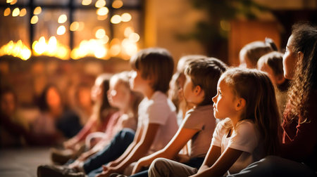 Little children sitting at floor and listening story taler. Pre-school, education, leisure conceptの素材