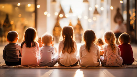 Little children sitting at floor and listening story taler. Pre-school, education, leisure conceptの素材
