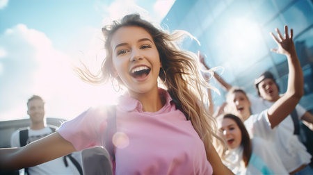 Group go young Tik-tokers recording a video content on street, dancing and having fun.の素材