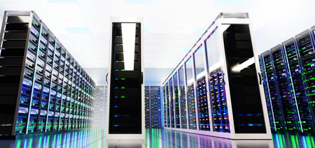 Modern server room, corridor in data centre with Supercomputer racks, neon lights and conditioners....