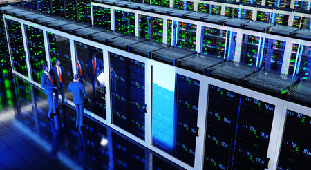 Business people inspecting big modern server room with lots of super computer racks. 3d Rendering...