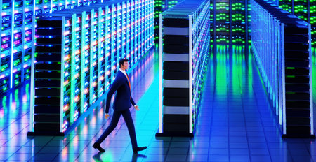 Business people inspecting big modern server room with lots of super computer racks. 3d Rendering...