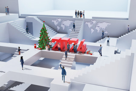 Abstract business environment with stairs, decorated with 2024 new year sign and Christmas tree....