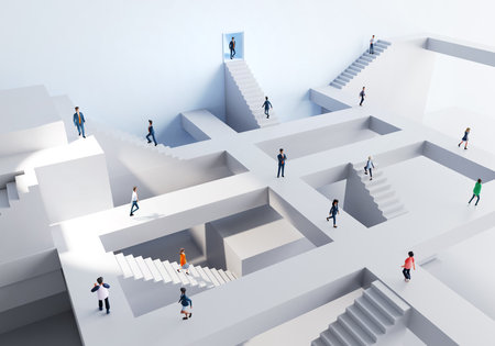 Lots of business people running up and down stairs in an abstract business environment, business busy life, working together concept. 3D rendering illustrationの写真素材