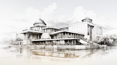 Beautiful blue print of a new building complex on riverside, government, social building typeの素材