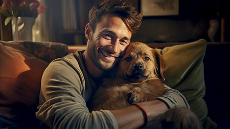 Portrait of a handsome man with his dogの素材