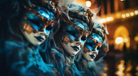 The Carnival of Venice, woman wearing beautiful mask and costume with feathers at night.の素材
