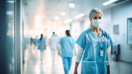 Group of doctors running through the corridor at call, help, emergency, health care conceptの素材