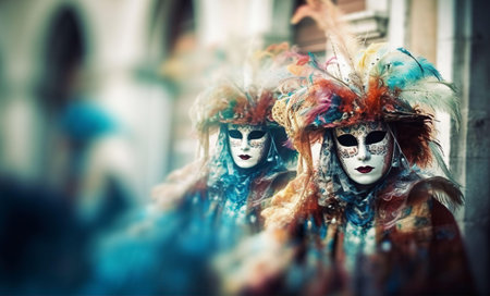 The Carnival of Venice, woman wearing beautiful mask and costume with feathers at night.の素材