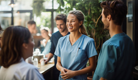 Beautiful young nurse in scrubs at lunch time, having a break, socialising with colleagues, talking and smiling to cameraの素材