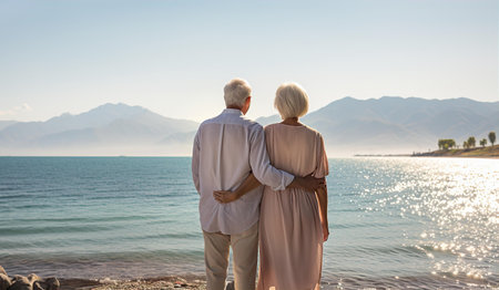 Elderly couple on seaside holidays. Pensioners, healthy living, holidays conceptの素材