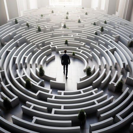 Businessman lost in labyrinth, business concept, advisory and finding solution imageの素材