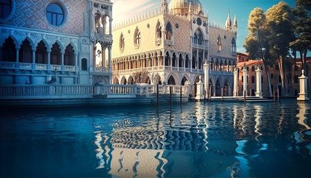 Venetian landscape. Canals, bridges and palaces with beautiful reflection in water, early morning hours.の素材