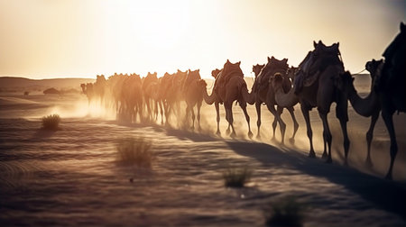 Beduin's caravan in African desert at sunsetの素材