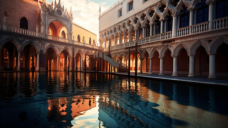 Venetian landscape. Canals, bridges and palaces with beautiful reflection in water, early morning hours.の素材