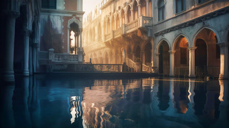 Venetian landscape. Canals, bridges and palaces with beautiful reflection in water, early morning hours.の素材