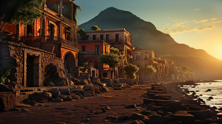 Ruins of ancient city Pompei look-like at sunset. Roman's road and beautiful mountains at backgroundの素材