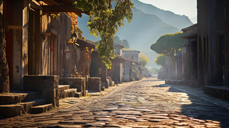 Ruins of ancient city Pompei look-like at sunset. Roman's road and beautiful mountains at backgroundの素材