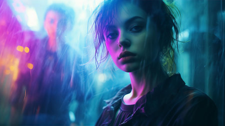 Portrait of attractive young punk girl, emo, e-girl with friends. Modern subculture, artistic creative peopleの素材