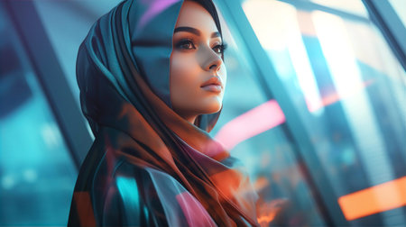 Very beautiful Muslim young woman portrait in hijab against of glass wallの素材