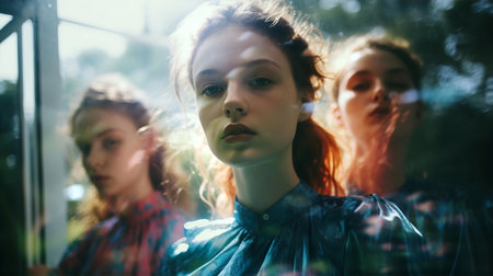 Portrait of attractive young punk girl, emo, e-girl with friends. Modern subculture, artistic creative peopleの素材