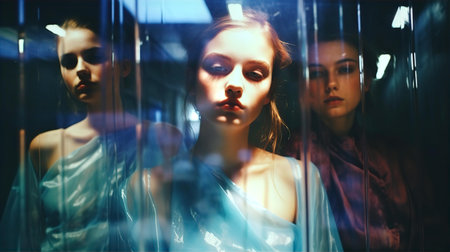 Portrait of attractive young punk girl, emo, e-girl with friends. Modern subculture, artistic creative peopleの素材