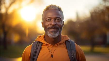 Attractive middle age black man is running in park early morning at sunriseの素材