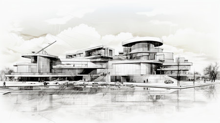 Beautiful blue print of a new building complex on riverside, government, social building typeの素材