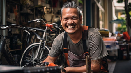 Asian bike repair service man friendly smiling portrait, small local business conceptの素材