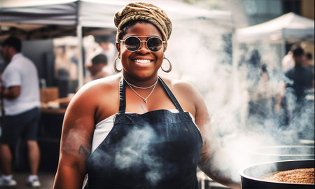 Happy attractive African woman is cooking food on street market and smile to camera. Travel, food, holidays conceptの素材