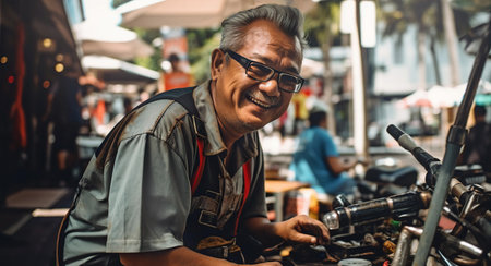 Asian bike repair service man friendly smiling portrait, small local business conceptの素材