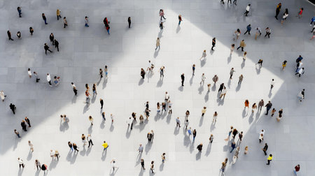 View down on white marble floor and lots of people walking in different directionsの素材