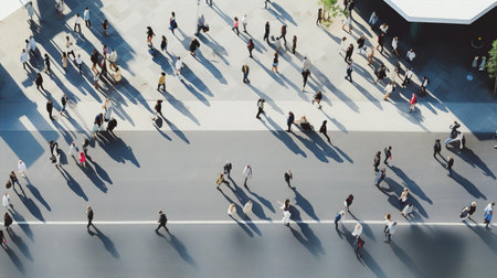 View down on white marble floor and lots of people walking in different directionsの素材