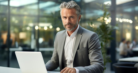 Portrait of successful businessman in office, smiling to camera, blur of office workers at the background.の素材