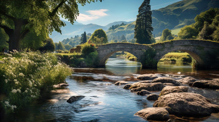 Old medieval stone bridge and Highlands river, English rural landscapeの素材