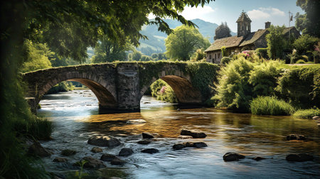 Old medieval stone bridge and Highlands river, English rural landscapeの素材